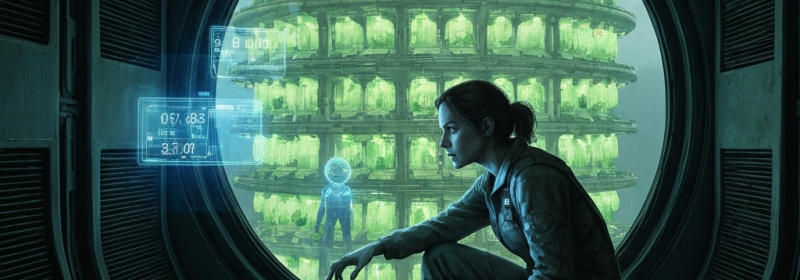 Frau in futuristischem Raumschiff blickt durch großes rundes Fenster auf grün leuchtende Megastadt mit Hologramm-Daten im Vordergrund