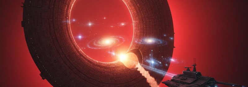 Futuristisches Raumschiff fliegt durch ein großes, leuchtendes ringförmiges Megastruktur-Portal mit rotem Glühen und Sternen im Hintergrund
