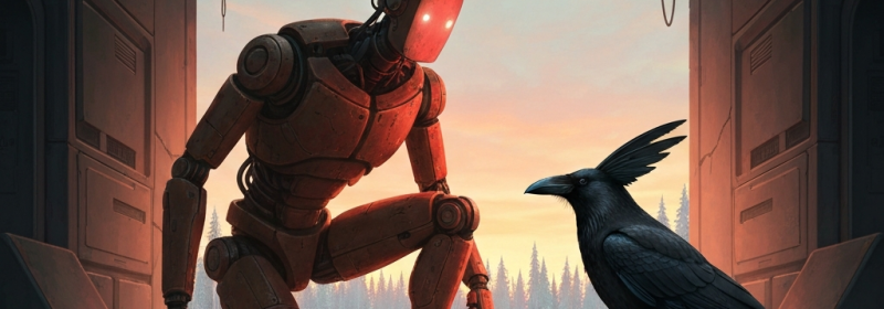 Roter Roboter in kauernder Haltung trifft auf schwarzen Vogel in einer verlassenen Hangaröffnung bei Sonnenuntergang, mit Waldlandschaft im Hintergrund