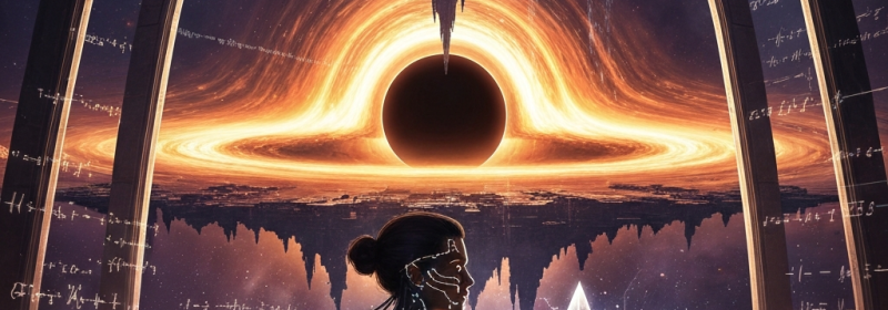Wissenschaftler in futuristischem Observatorium hält leuchtenden Kristall, blickt auf schwarzes Loch mit glühendem Akkretionsring, mathematische Formeln an Wänden, Raumschiff oben, Sternenhimmel im Hintergrund