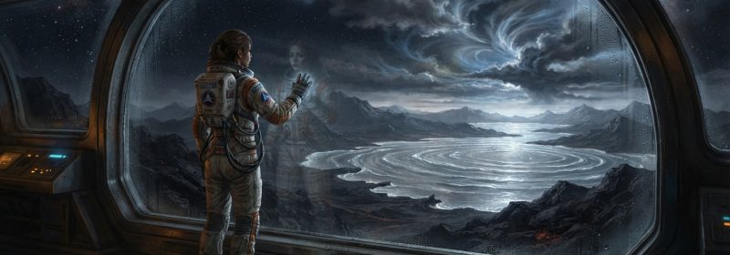 A lone female astronaut in a worn spacesuit stands at the panoramic viewport of a spacecraft, her hand pressed gently against the cold glass. Beyond the window stretches a nameless alien planet of black volcanic rock, its surface covered in vast, silver liquid seas that ripple in impossible concentric waves despite a perfectly still atmosphere. The silver seas faintly reflect starlight and seem to glow from within. The interior of the ship is dimly lit with cool blue and amber tones, condensation forming on the glass surfaces, tiny water droplets catching the starlight. The woman's posture conveys quiet awe and deep sorrow, her reflection ghostlike in the transparent barrier between her and the world below. Above the planet, dark clouds are beginning to form for the first time, thin silver wisps curling into vast grey and blue storm systems. The overall mood is melancholic, vast, and quietly transcendent — a science fiction scene painted in the style of a cinematic, painterly illustration with dramatic lighting, deep space darkness surrounding everything, and a profound sense of ancient memory meeting the infinite cosmos.